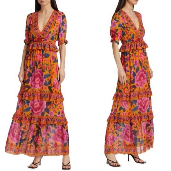 FARM RIO Yellow Pink & Blue Tropical Floral Dream V
Neck Tiered Frill Maxi Dress - Picture 4 of 15